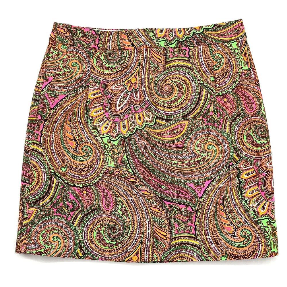 J. CREW Pencil Mini Skirt Paisley Orange Pink Green Women's 2 NWT